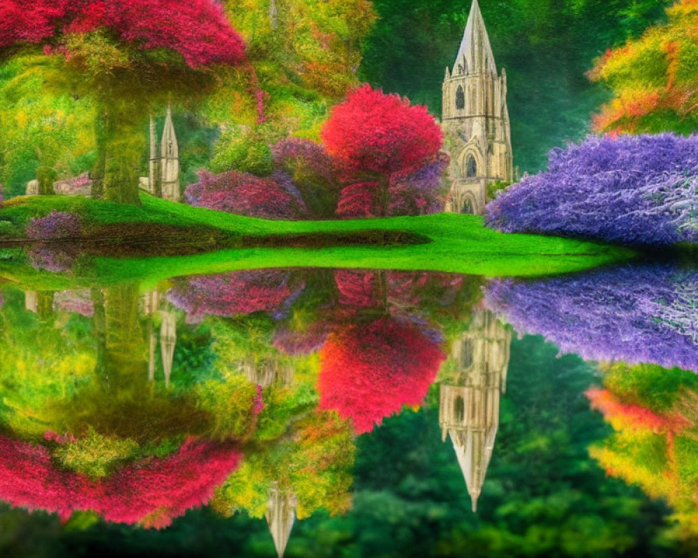 Surreal landscape with reflective water and cathedral in lush foliage