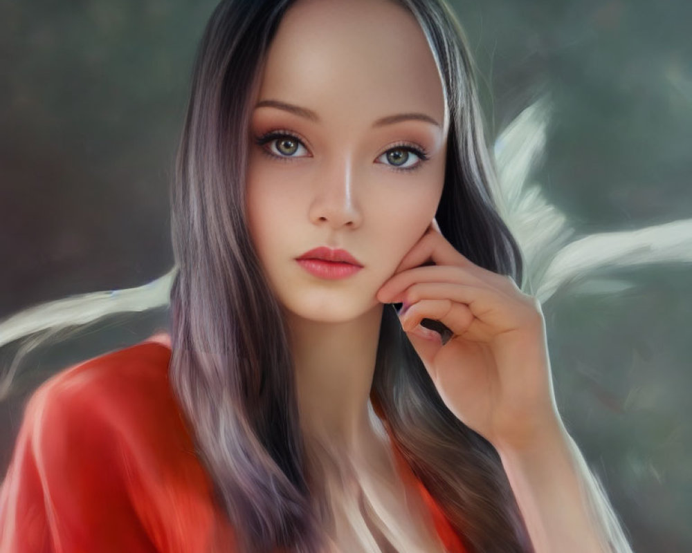 Digital painting of woman with large expressive eyes and grey hair in red garment