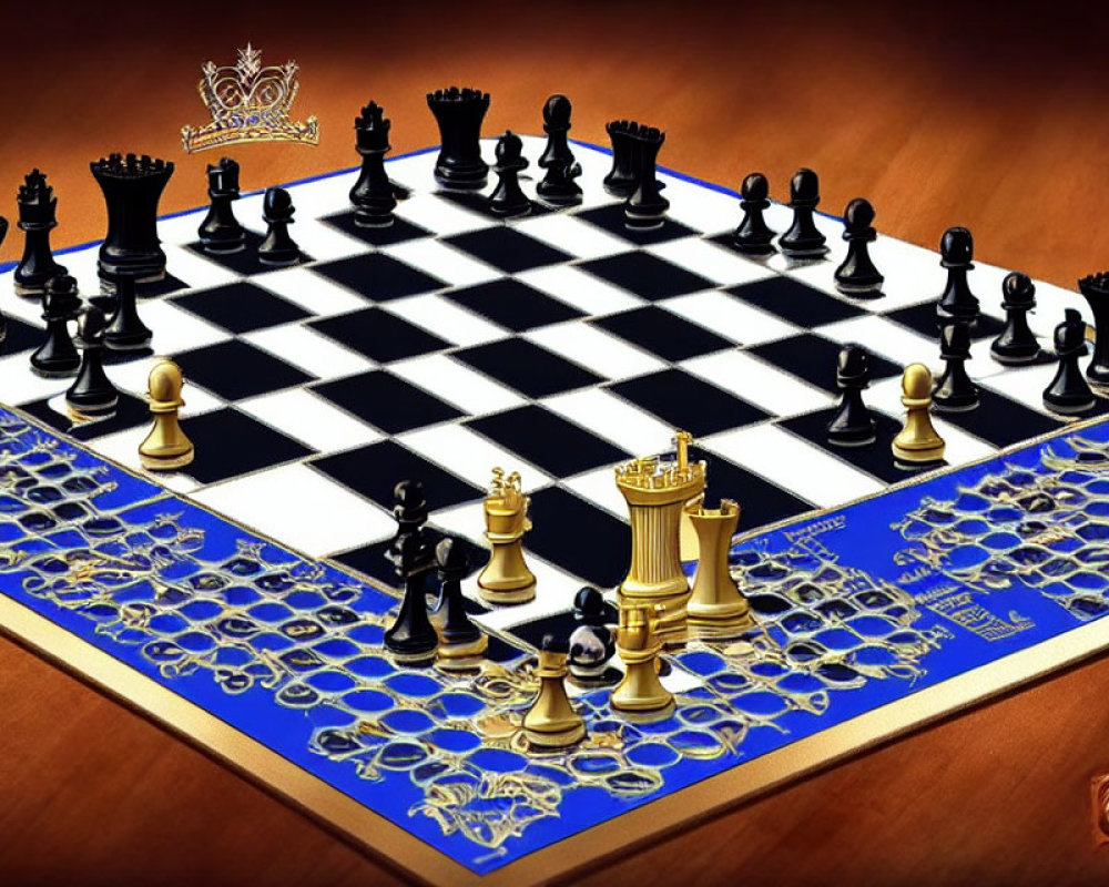 Luxurious Golden and Black Chess Set on Blue-bordered Glossy Board