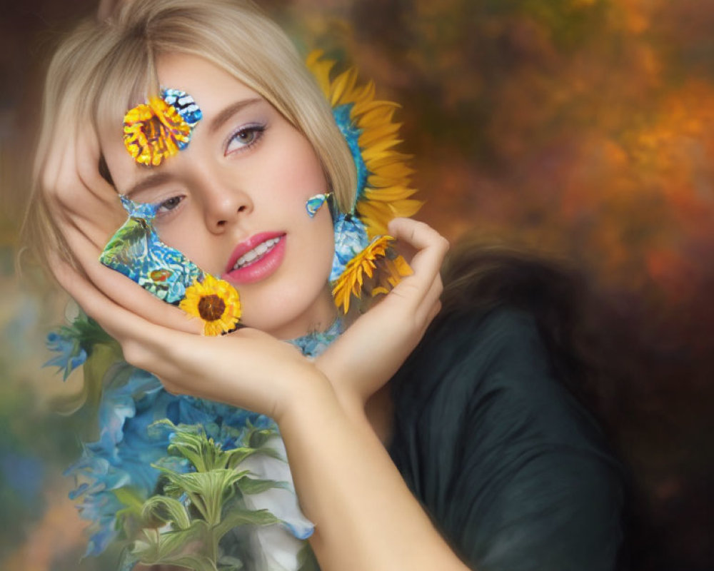 Woman with Floral Makeup and Sunflowers in Autumnal Setting