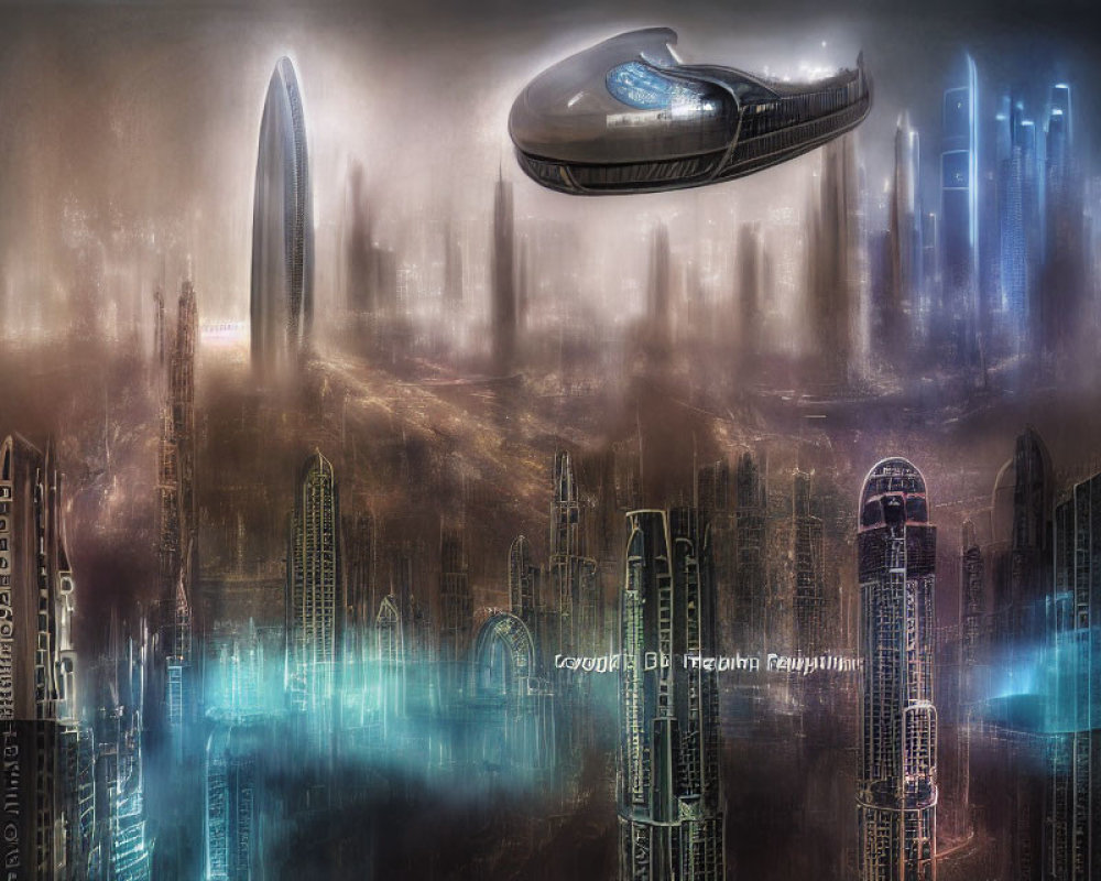 Futuristic cityscape with misty skyscrapers and flying vehicle