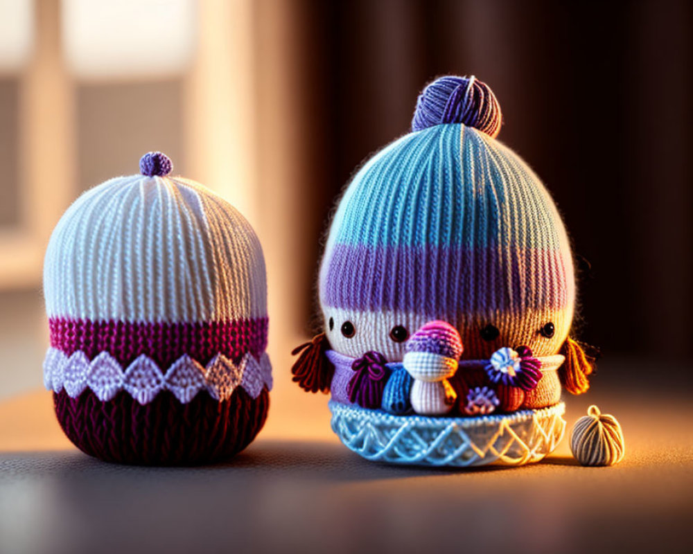 Two adorable knitted dolls in striped beanies on softly lit background