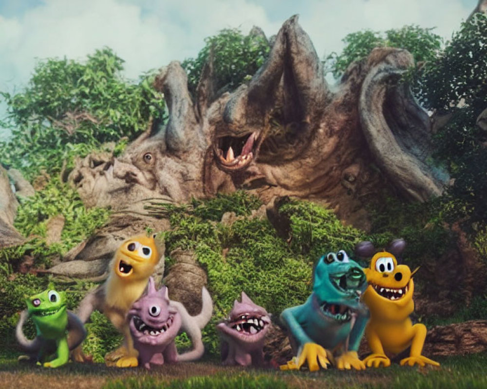 Colorful Animated Monster Characters in Grass Field with Funny Rock Formations