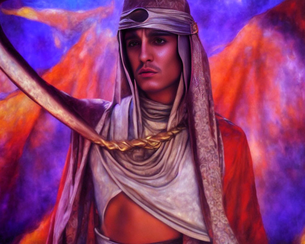 Person in desert attire with headscarf, intense gaze, warm purple hues.