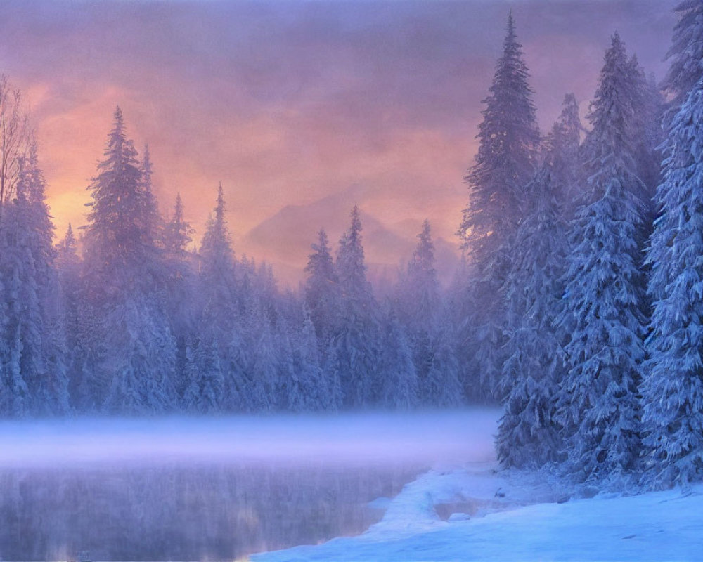 Snow-covered trees, misty river, pastel sunrise: Tranquil winter landscape