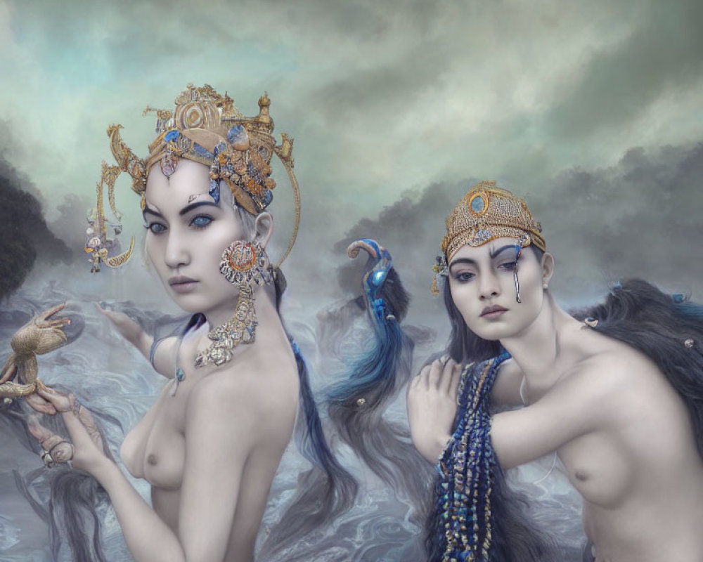 Ethereal beings with ornate headpieces and jewelry in misty clouds