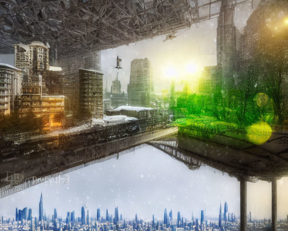 Mirrored Sky Highway in Futuristic Cityscape with Flying Vehicles