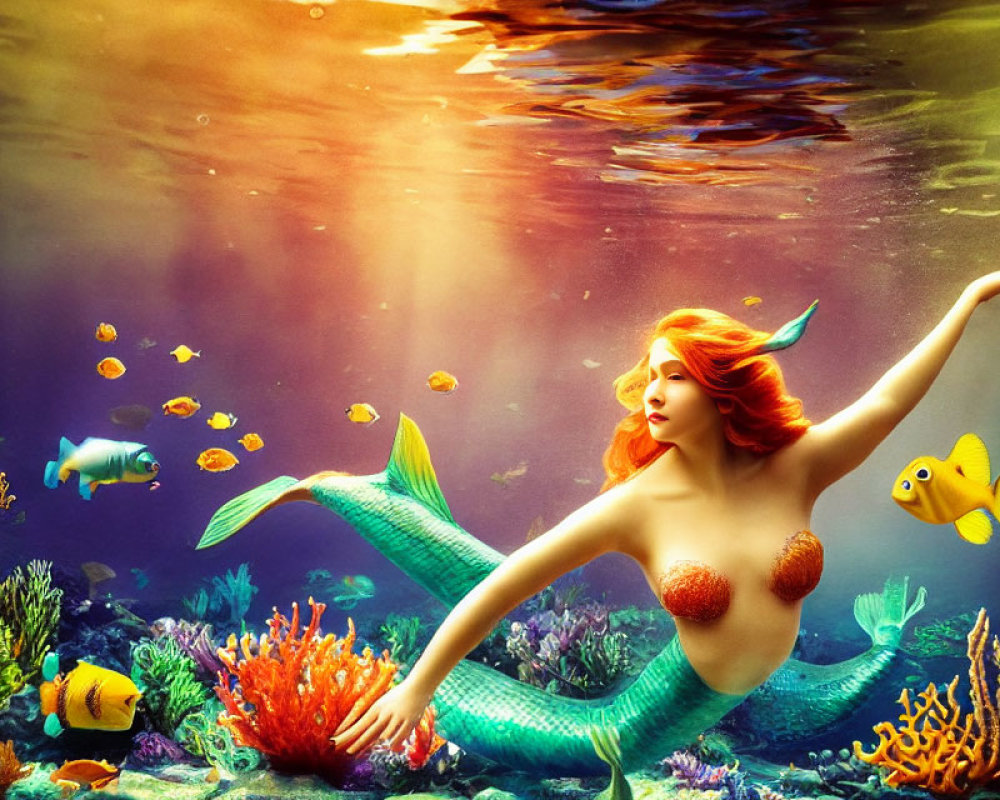 Colorful Underwater Scene with Mermaid, Fish, and Sunbeams