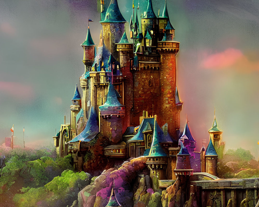 Majestic castle with spires and turrets in colorful clouds