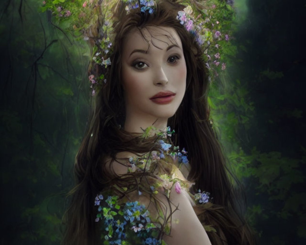 Ethereal artwork featuring woman, floral elements, tiny figure, mystical forest backdrop