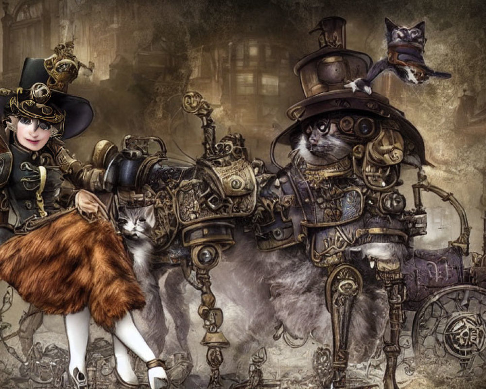 Steampunk-themed anthropomorphic cats in Victorian attire with mechanical background