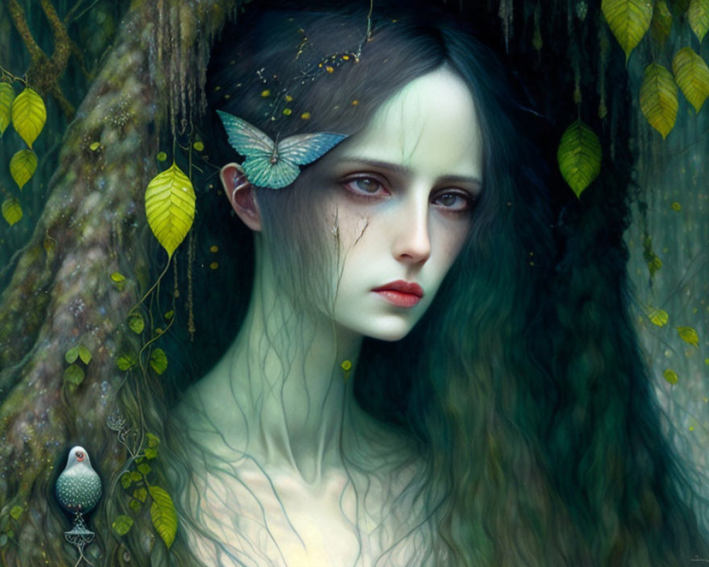 Surreal portrait of woman with pale skin and dark hair adorned with leaves and butterfly