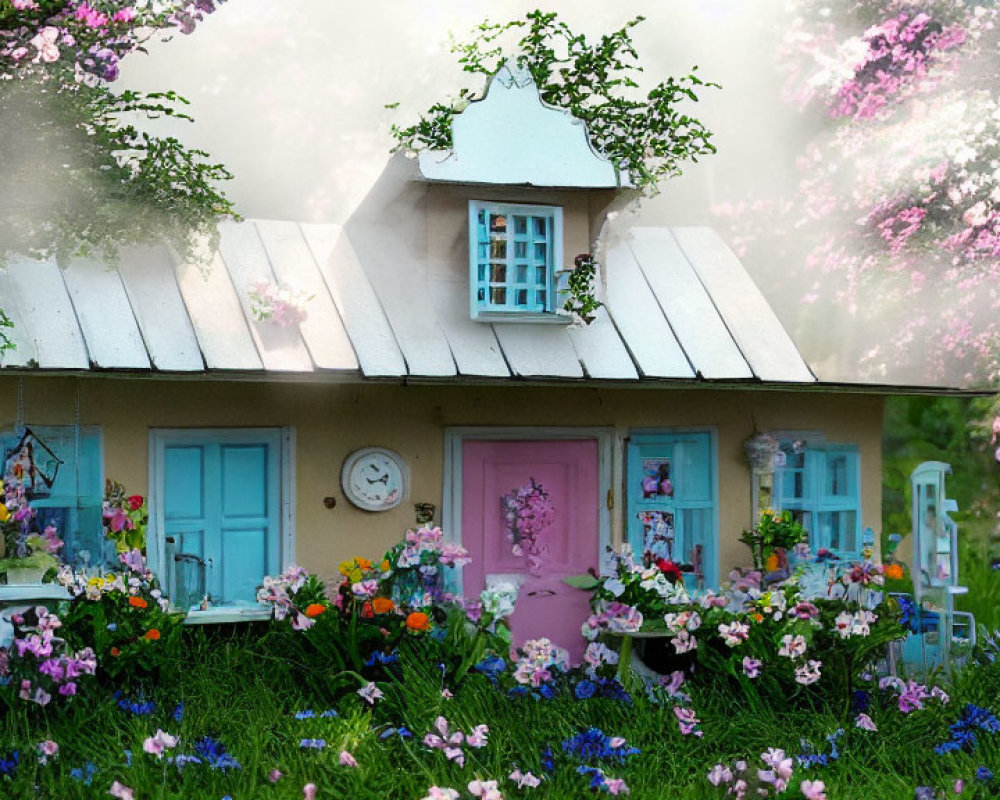 Miniature house surrounded by vibrant flowers and snow-covered roof under a flowering tree canopy