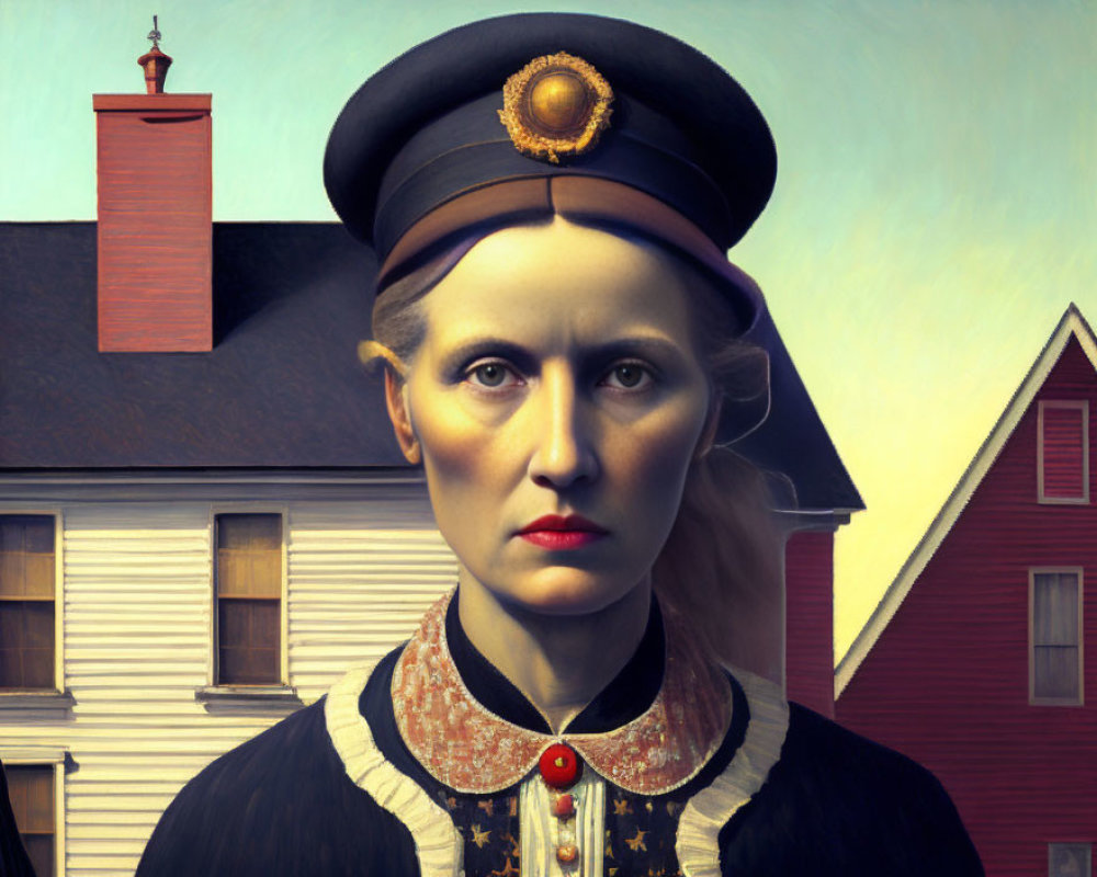 Vintage uniform portrait of stern-faced woman against clear sky and traditional buildings