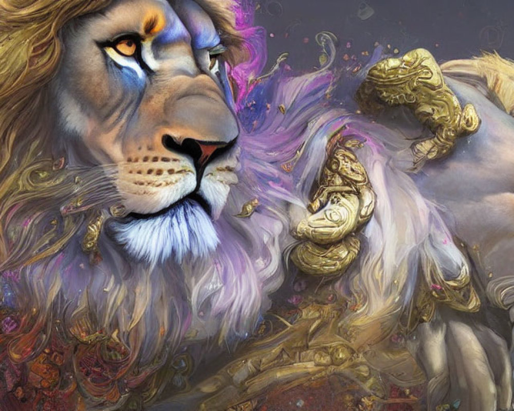 Stylized lions with golden embellishments on cosmic mane.