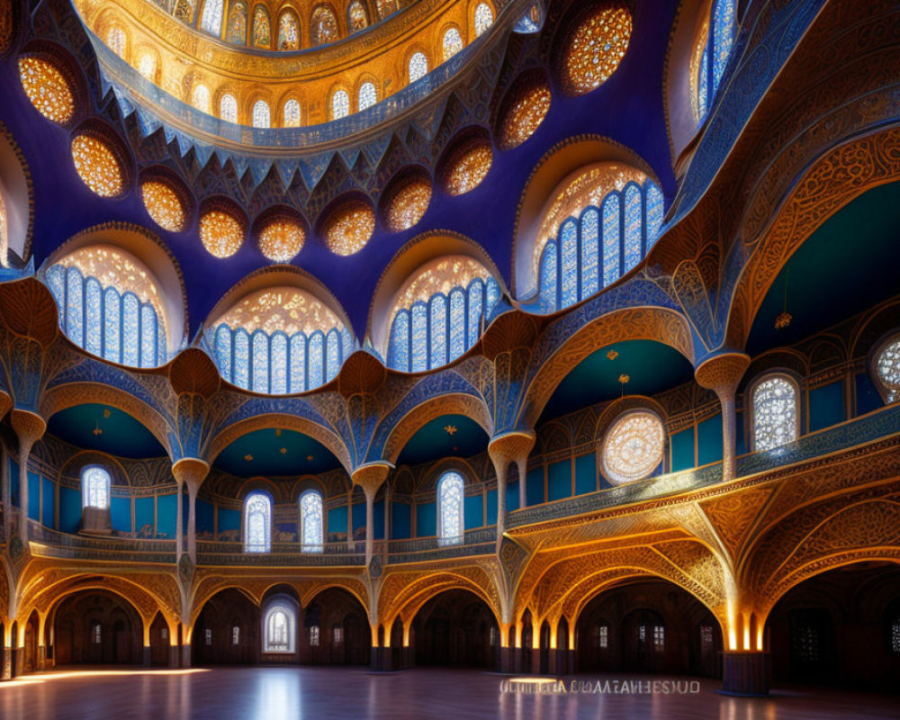 Grand Mosque Interior: Golden-Blue Arabesque Designs, Large Arches, Islamic Calligraphy