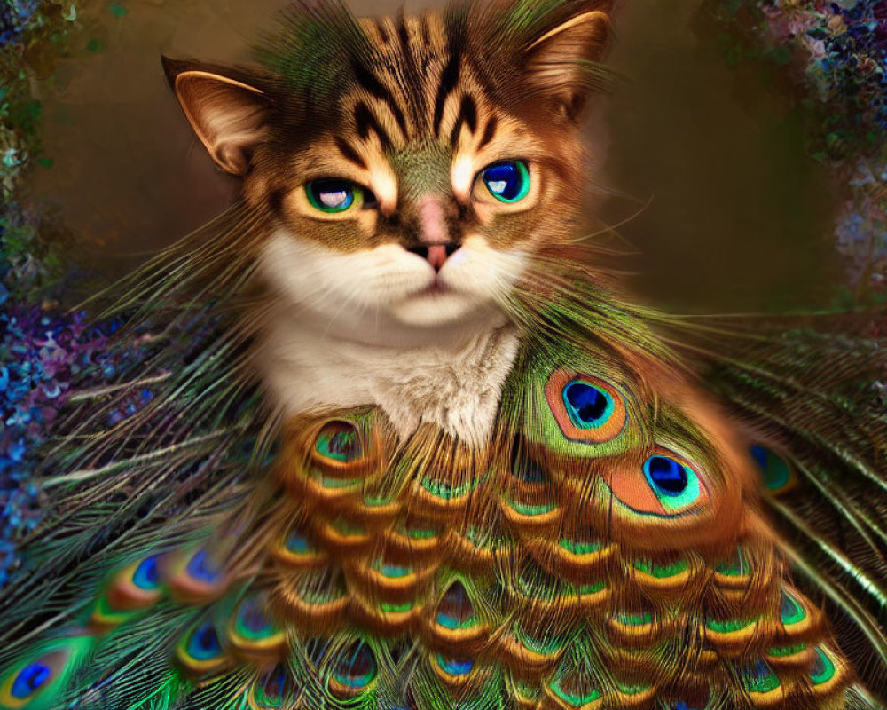 Digital Artwork: Cat Face with Peacock Body, Vibrant Feathers & Blue-Green Eyes