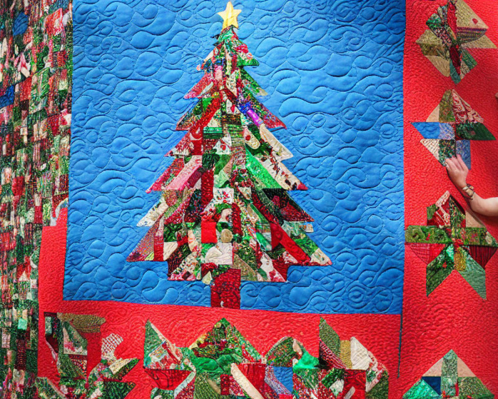 Vibrant Christmas tree patchwork quilt on red and blue background