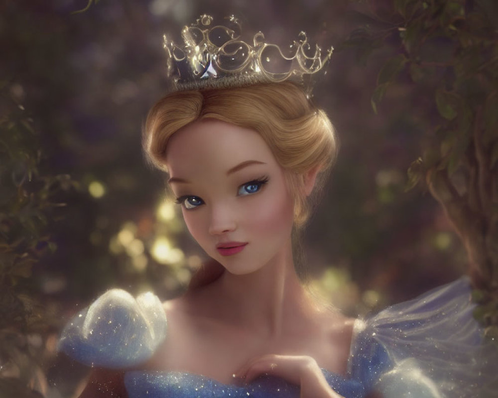 Animated princess with silver tiara and blue dress in forest setting