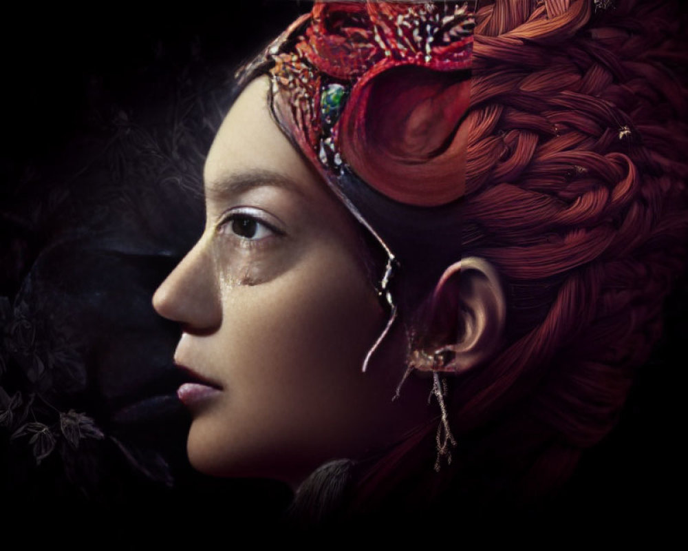 Intricate red hairdo and headpiece on woman's profile with dark floral silhouette