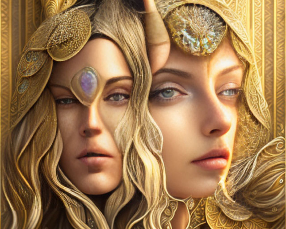 Digital artwork featuring two women in ornate golden headpieces and jewelry, set against intricate golden patterns.