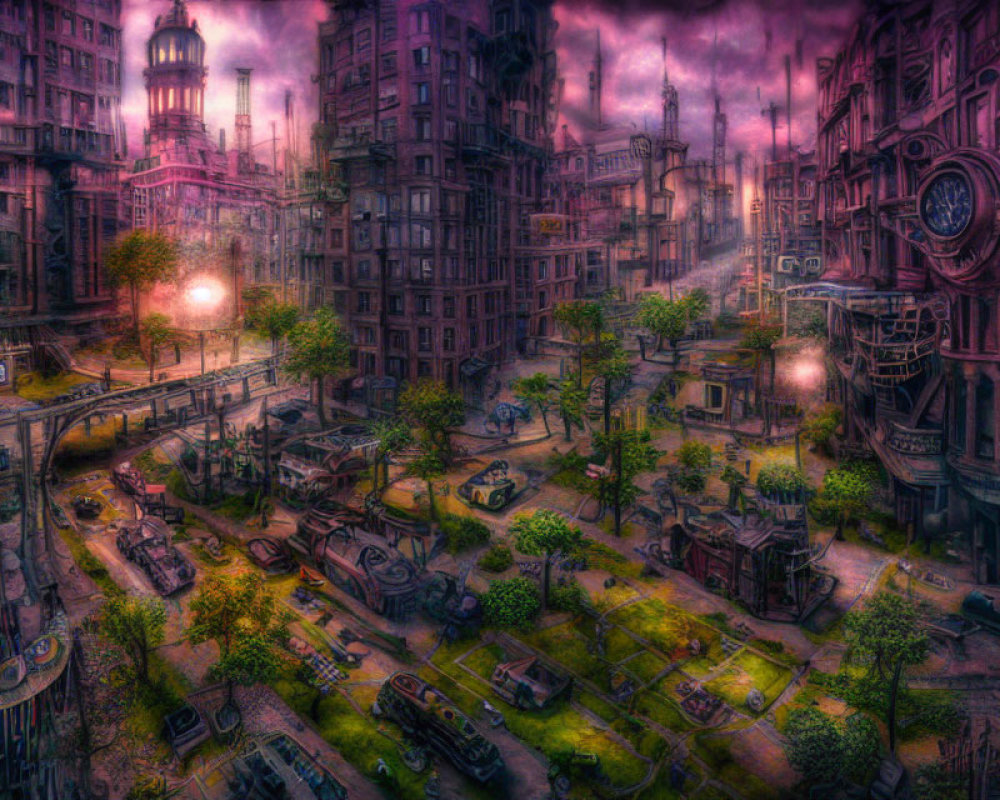 Dystopian cityscape with overgrown vegetation and abandoned vehicles at twilight