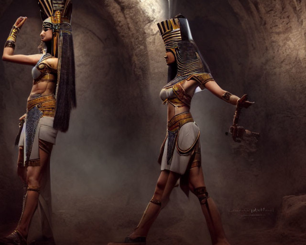 Ancient Egyptian-themed costumes with gold detailing in dim tunnel