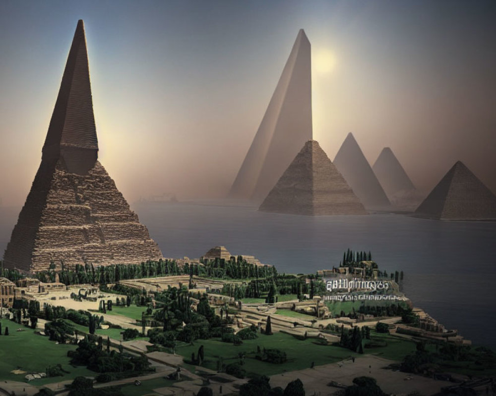 Digitally altered visualization of pyramids with regular and inverted shapes on waterfront at dusk