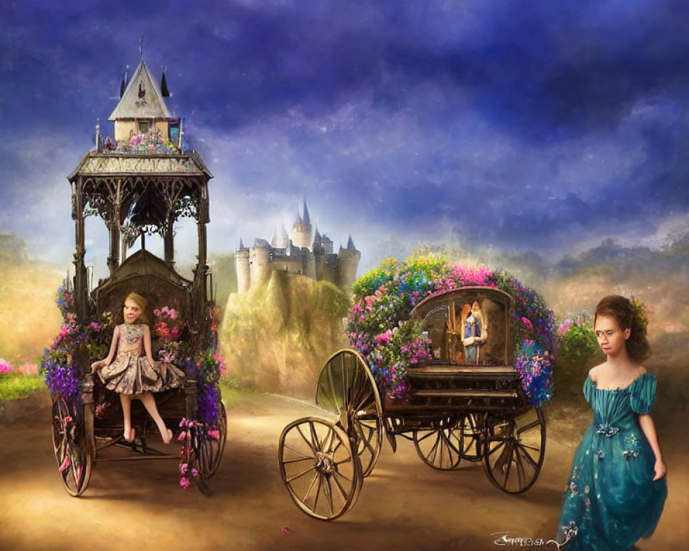 Fantastical scene: two girls, flower-adorned carriage, castle, dramatic sky