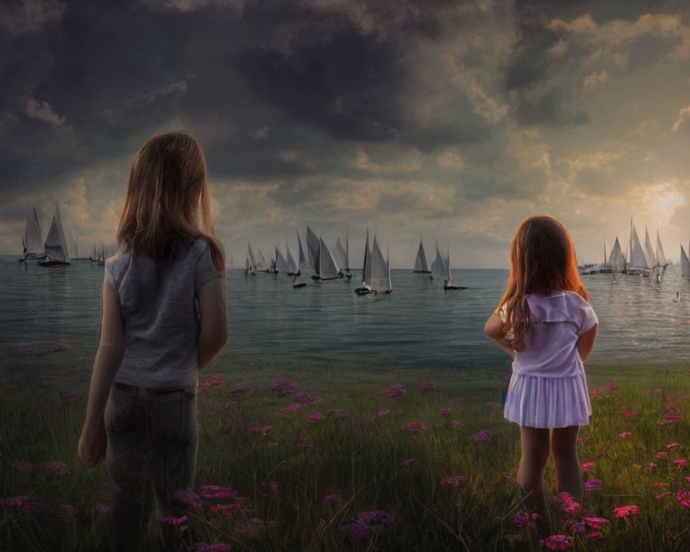 Children watching sailboats by lakeshore at dusk with pink flowers and dramatic sky