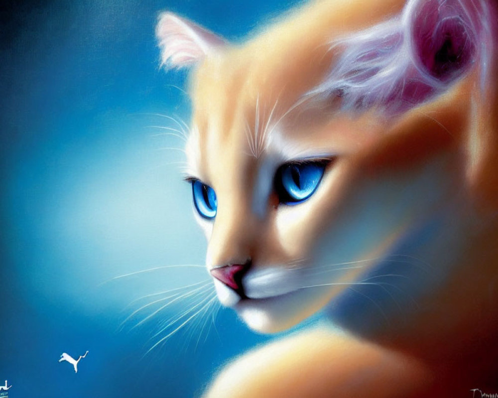 Digital Art: Cat with Blue Eyes, White & Orange Fur on Blue Background with White Bird