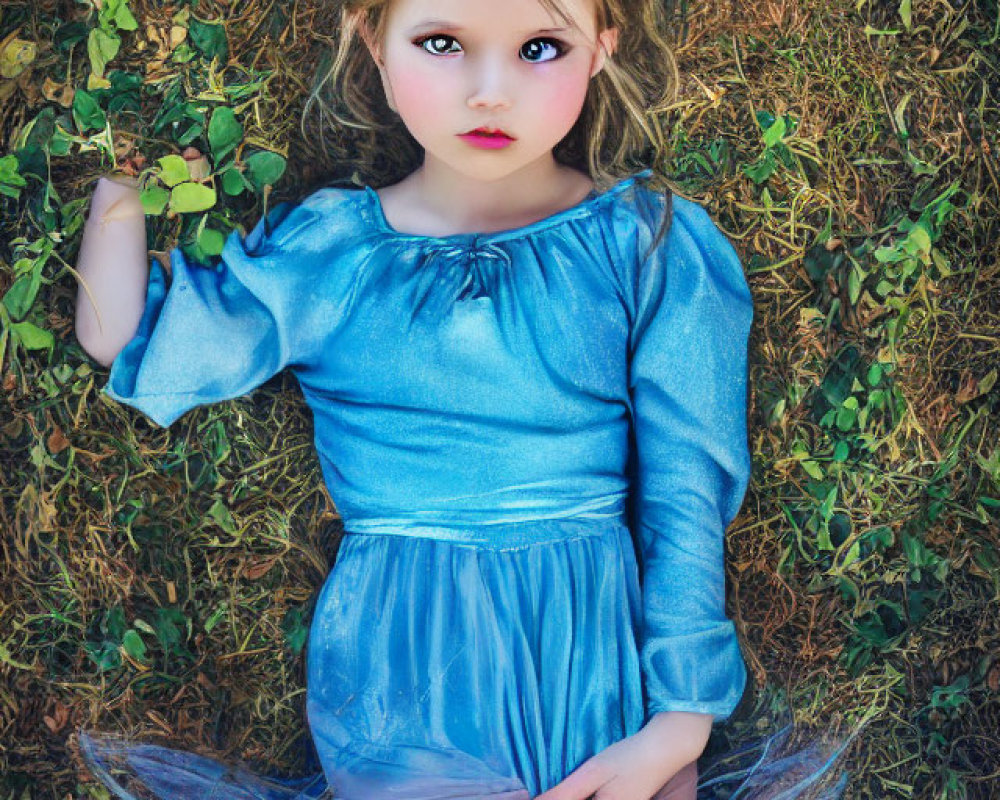 Young girl in blue dress lying on grass gazes upward