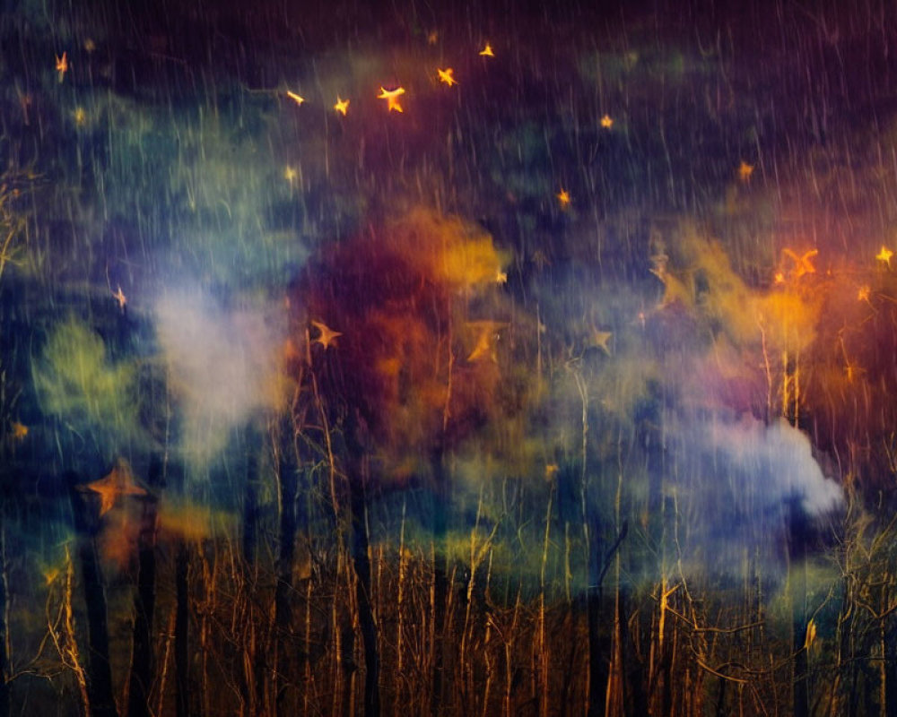 Blurred abstract image: forest under colorful starry sky