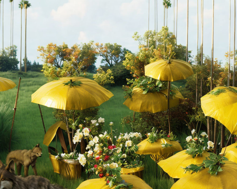 Whimsical outdoor scene with floating yellow umbrellas and a prowling coyote