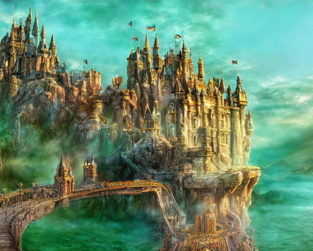 Fantastical castle with multiple spires on rugged cliffs and misty surroundings