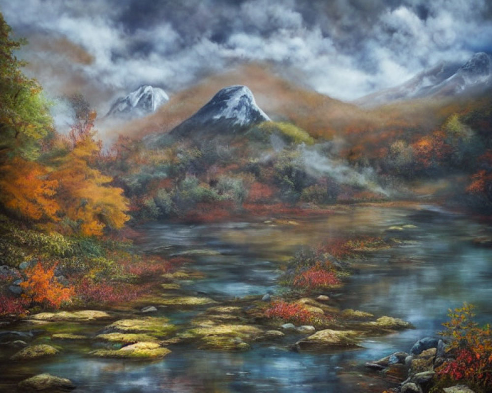 Misty River Flowing Through Autumn Foliage and Mountains