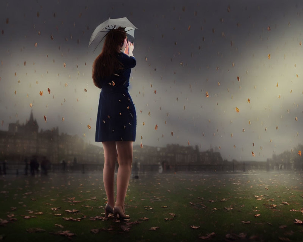 Person with umbrella in falling leaves near hazy building silhouette