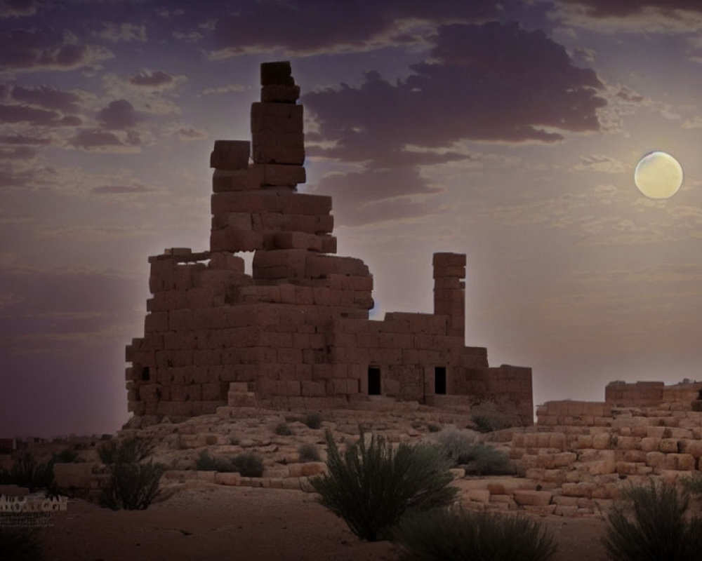 Ancient structure ruins under twilight sky with full moon and desert vegetation