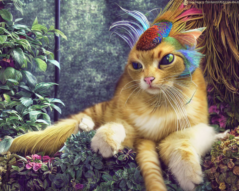 Digital artwork: Orange tabby cat with blue and green feathers in lush floral setting