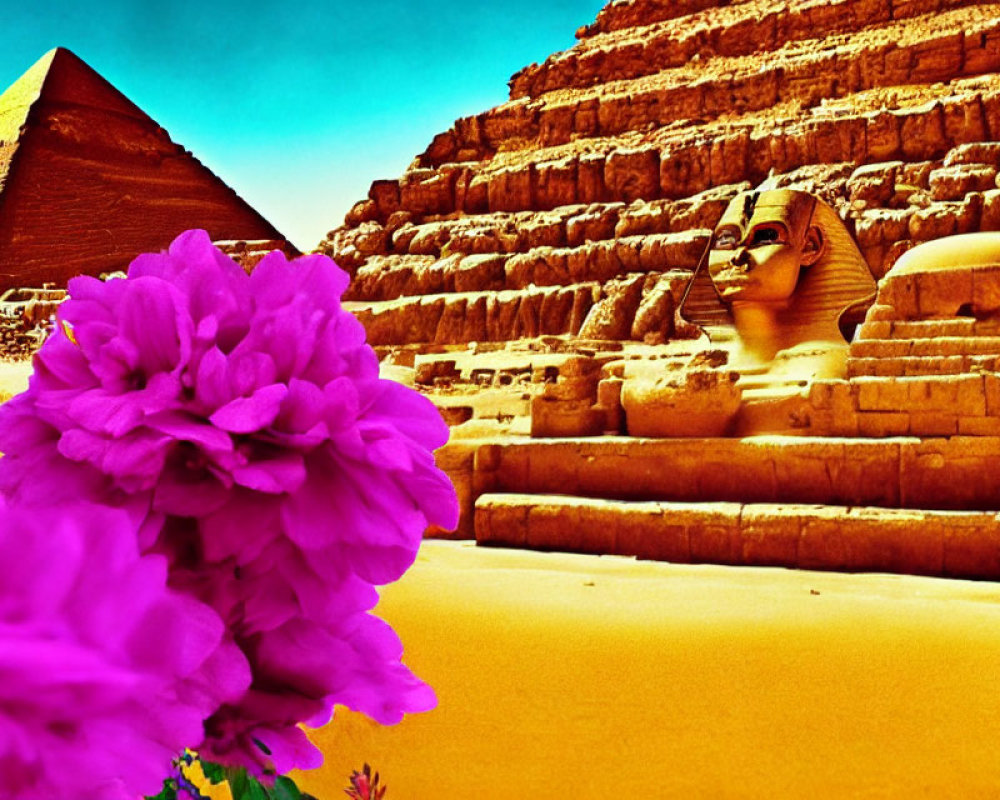 Pink flowers, Great Sphinx, and pyramid against blue sky.