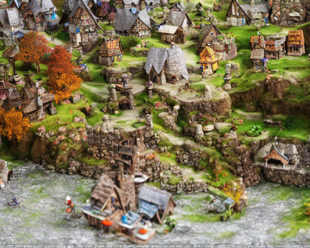 Detailed miniature rustic village model with quaint houses, stone walls, and lush greenery