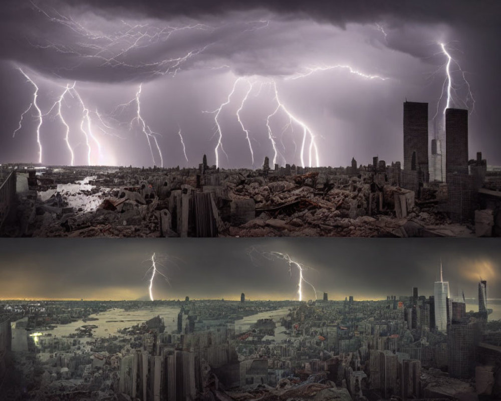 Composite Image: Cityscape with Dramatic Lightning Strikes above Dark Sky Contrasting Peaceful City below Clear