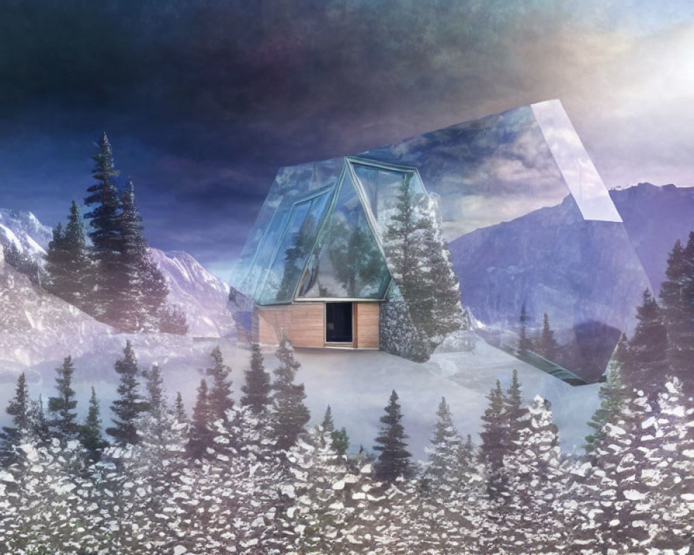 Geometric Glass House in Snowy Forest with Mountains at Twilight