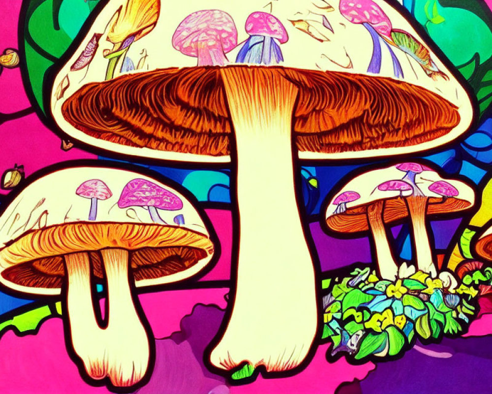 Colorful Mushroom and Jellyfish Illustration in Surreal Landscape