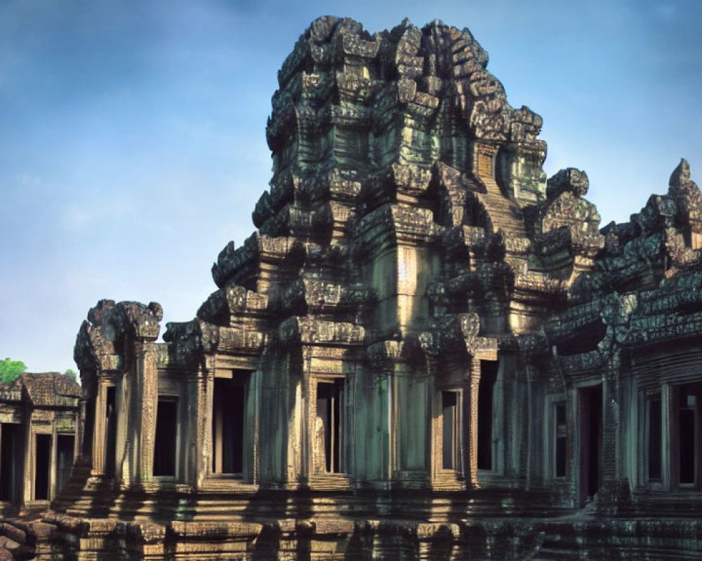 Intricate Carvings on Ancient Stone Temple in Sunlight