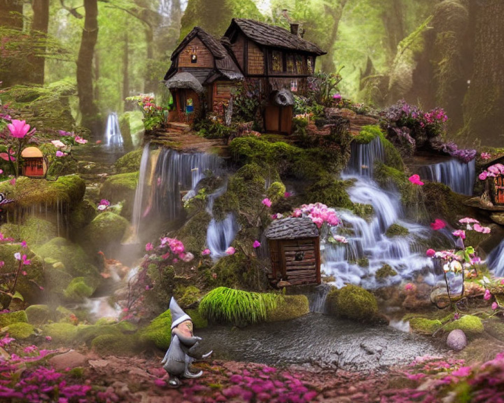 Enchanting fairy tale house on waterfall with gnome in forest