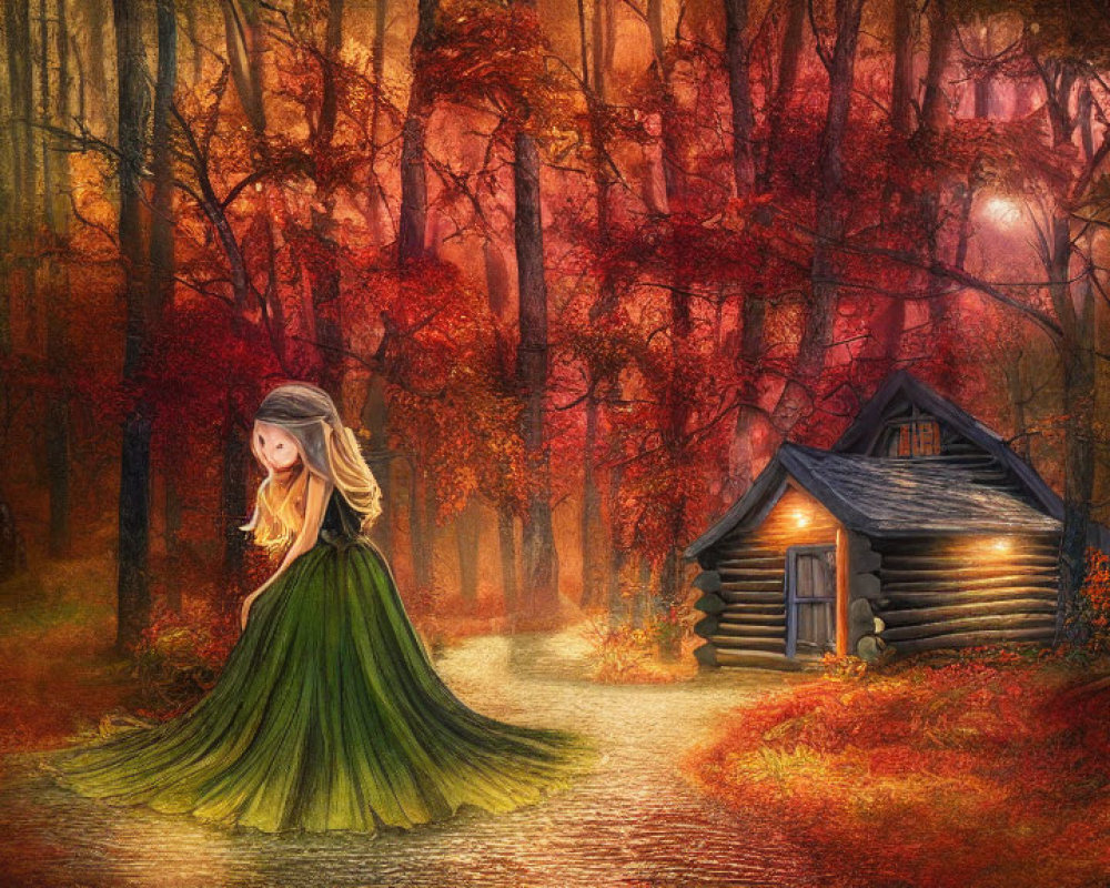 Whimsical artwork of woman in green dress on forest path with autumn colors and cozy cabin