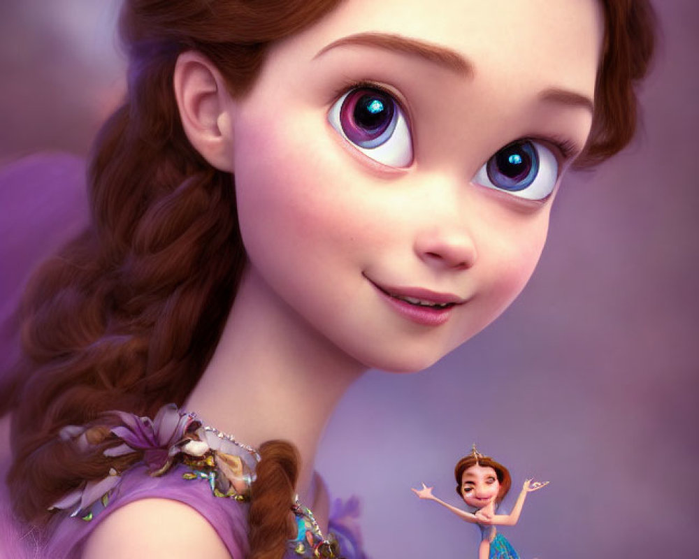 Animated princess with large eyes, braided hair, and crown smiling with miniature figure.