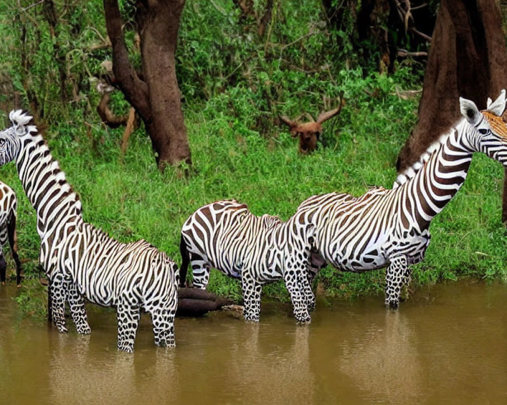 Three Zebras by Water with Green Foliage Background