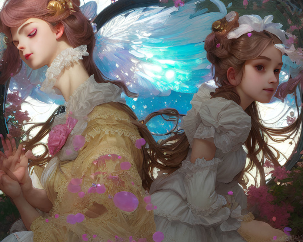 Ethereal figures with translucent wings in pink blossoms